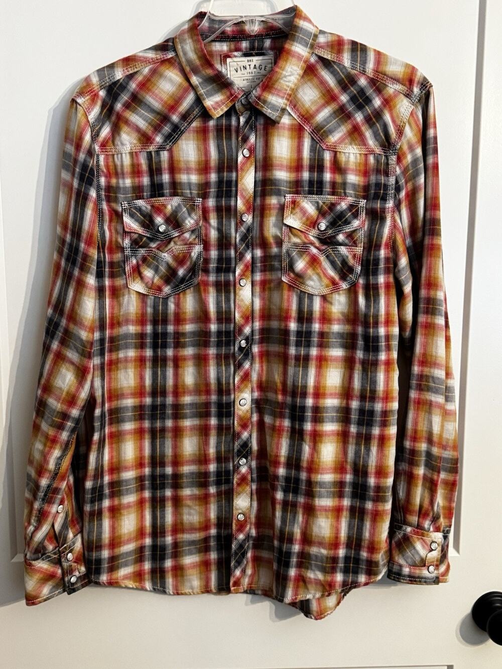 BKE Vintage 1967 Button Up Plaid Size L Athletic Fit Red Blue Snap Western Rodeo